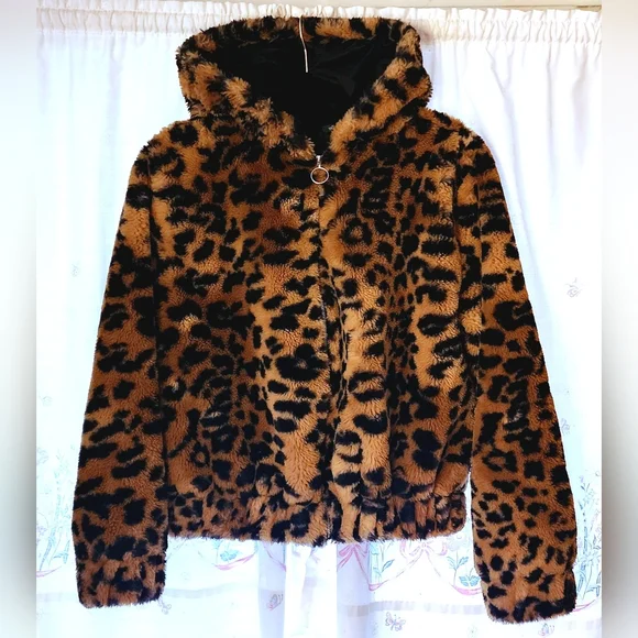 Merona PLUSH FAUX FUR LEOPARD ANIMAL PRINT EARS Hooded Jacket Coat (S) L… - Picture 2 of 6